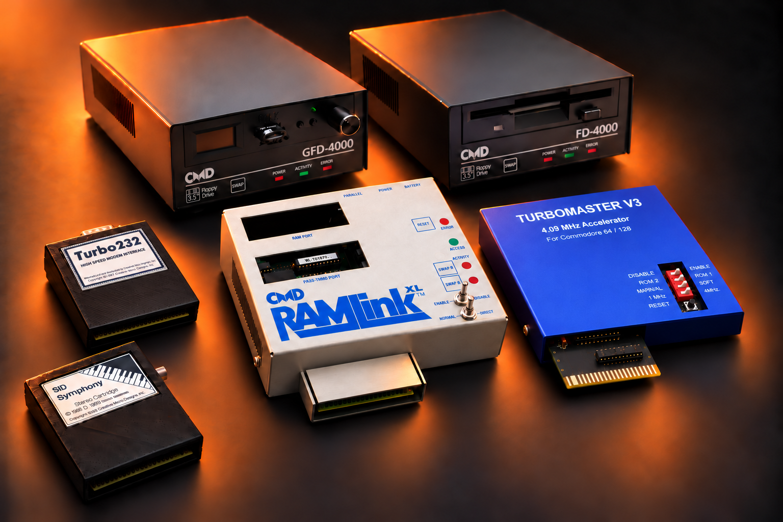 A studio collage of FD-4000, GFD-4000, light-colored RAMLinkXL, TurboMaster V3, Turbo232 and SID Symphony
